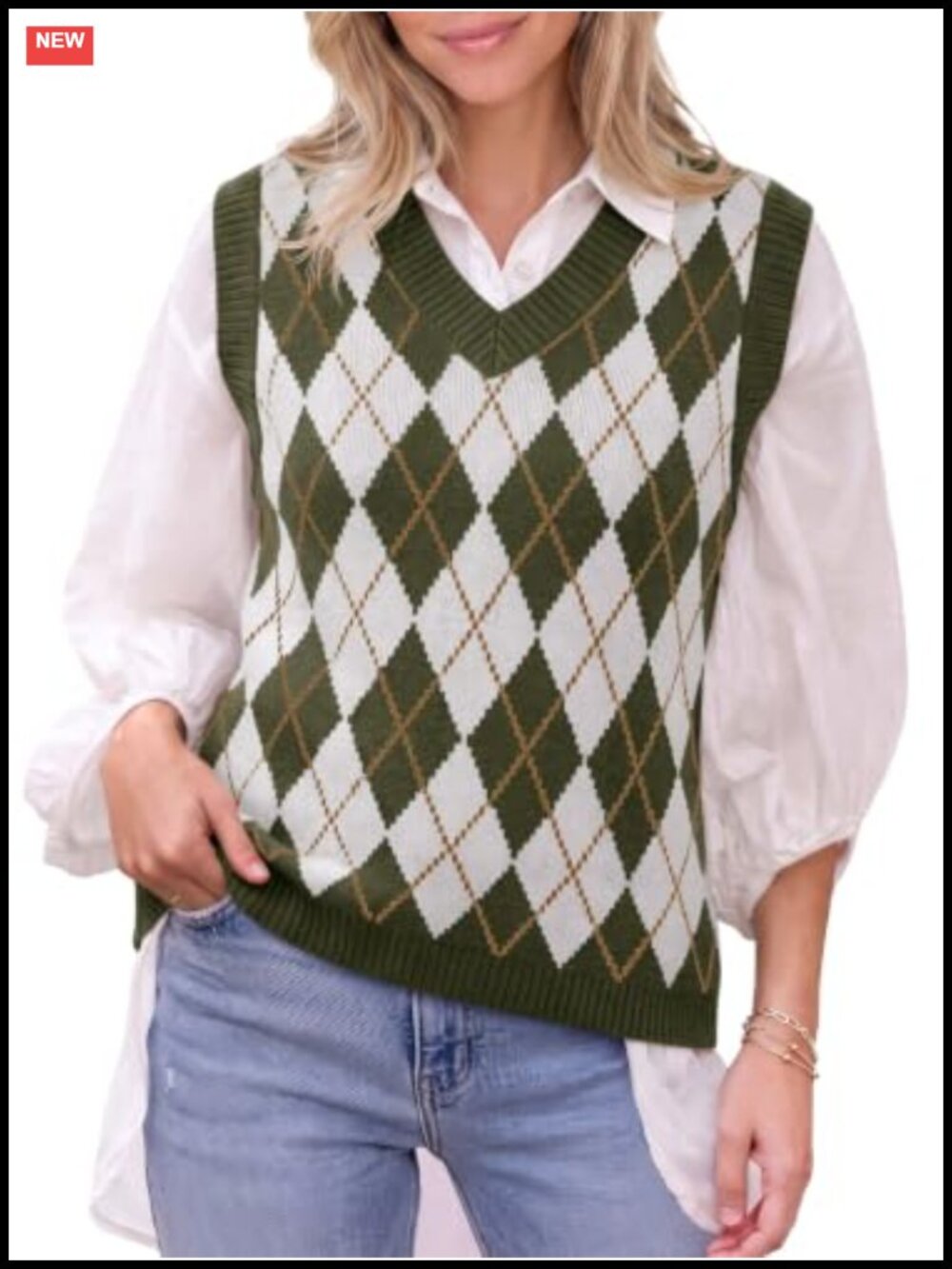Womens V Neck Argyle Plaid Knit Sweater Vest Sleeveless Layering Top